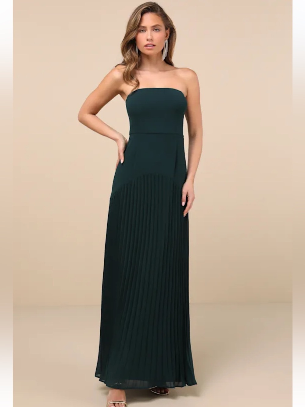 Lulu's Strapless Pleated Maxi Dress in Deep Emerald Green